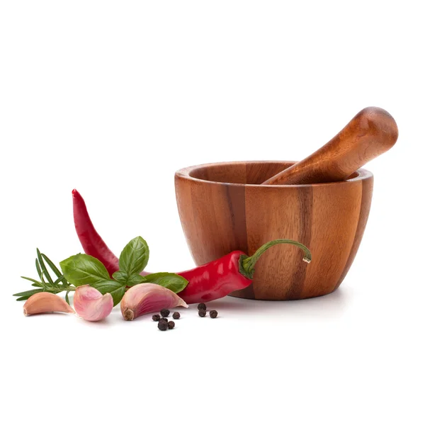 stock image Fresh flavoring herbs and spices in wooden mortar