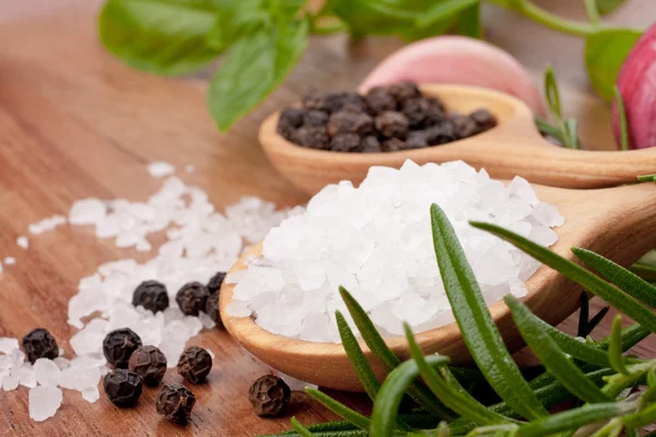 stock image Fresh herbs and salt spoon