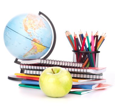 Globe, notebook stack and pencils. Schoolchild and student studi clipart