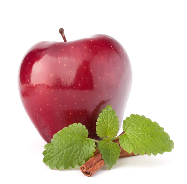 Red apple, cinnamon sticks and mint leaves — Stock Photo, Image