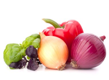 Sweet pepper, onion, tomato and basil leaves still life clipart