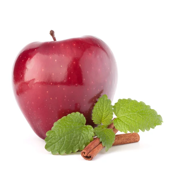 Red apple, cinnamon sticks and mint leaves — Stock Photo, Image