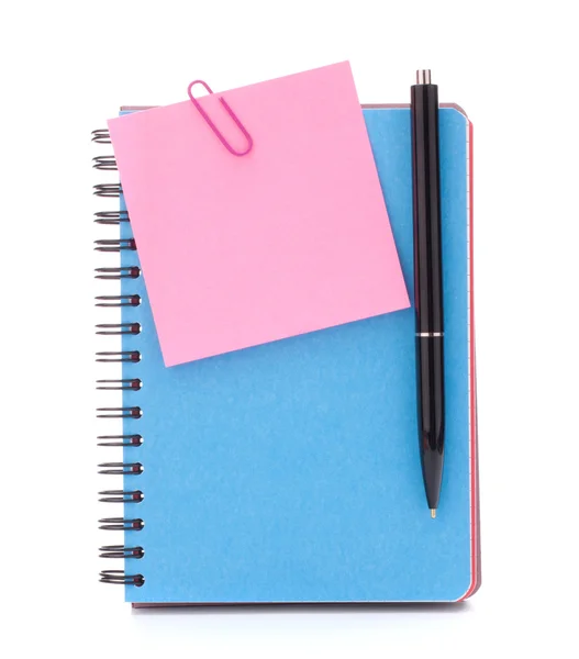 Cuaderno azul con papel y bolígrafo —  Fotos de Stock