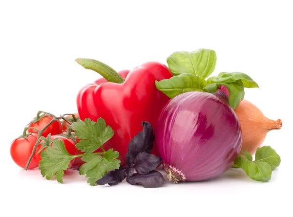 Sweet pepper, onion, tomato and basil leaves still life — Stock Photo, Image