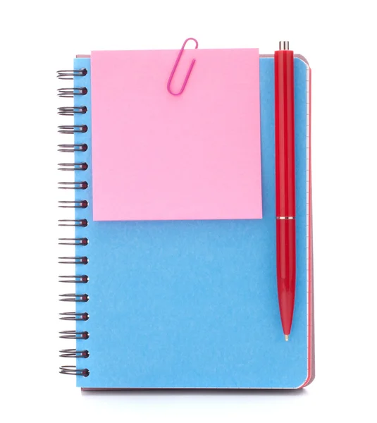Cuaderno azul con papel y bolígrafo —  Fotos de Stock