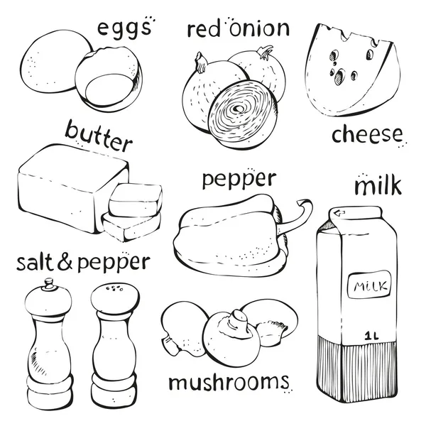 Comida omelete ingredientes isolados em um fundo branco — Fotografia de Stock