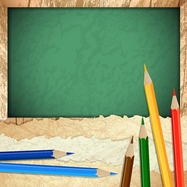 Paper pieces with pencils over blackboard — Stock Vector