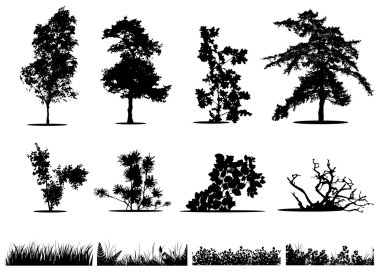Trees, bushes and grass silhouettes clipart