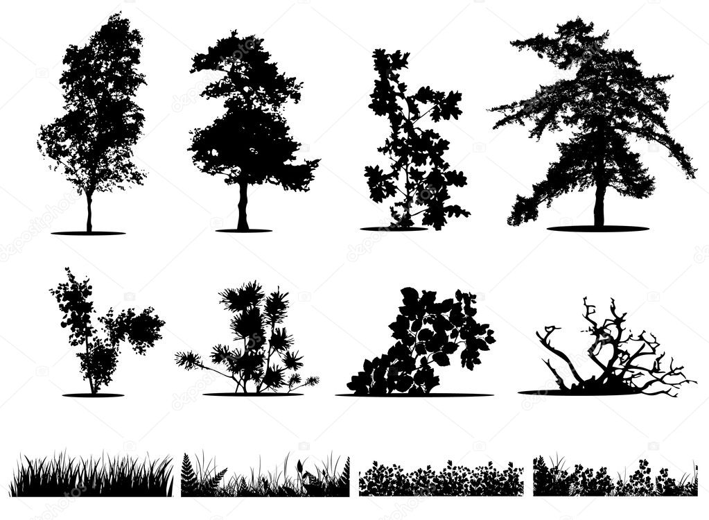 Trees, bushes and grass silhouettes
