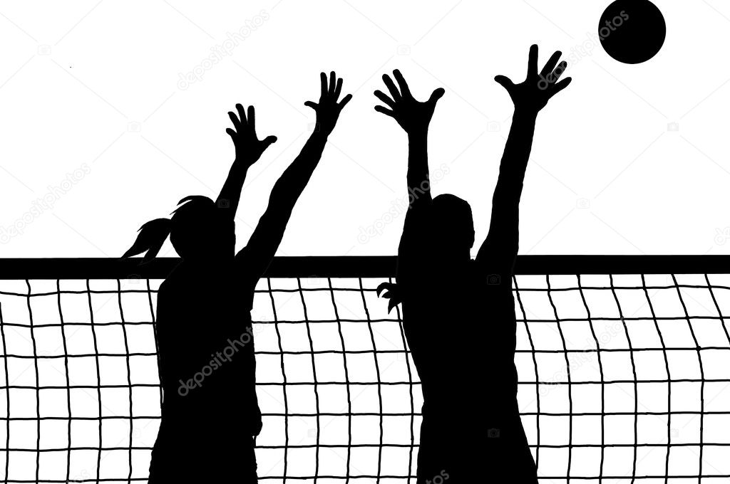 Volleyball two women and ball silhouette vector — Stock Vector