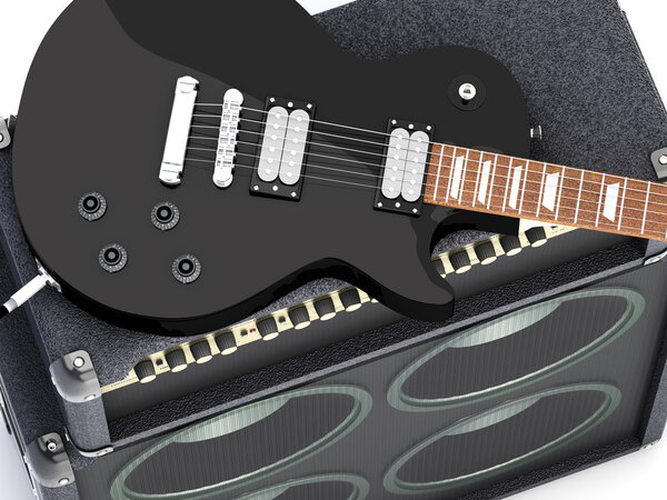 Electric guitar with amplifier. 3D render