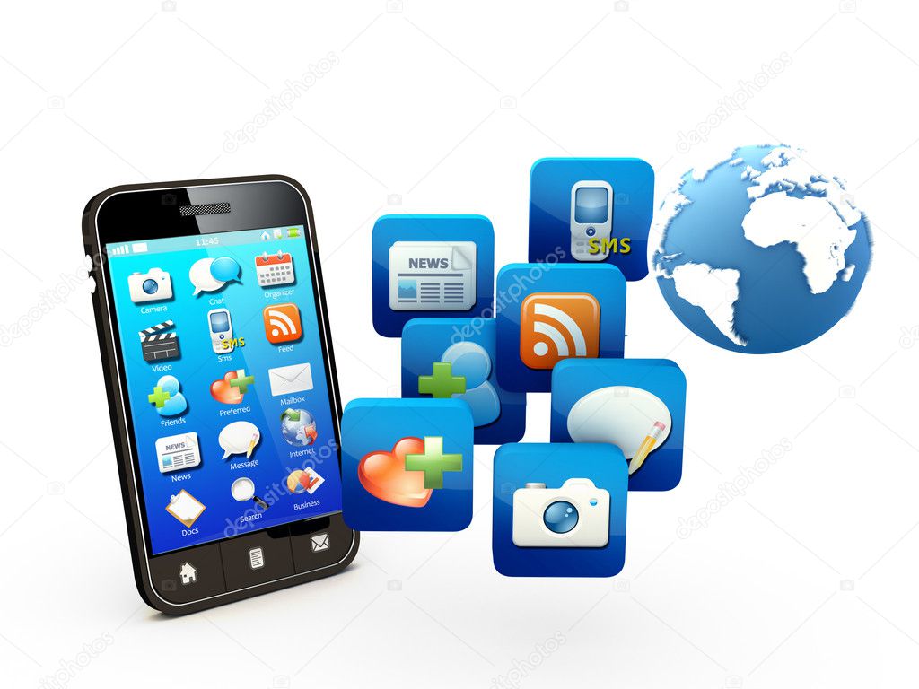 Smartphone with cloud of application icons