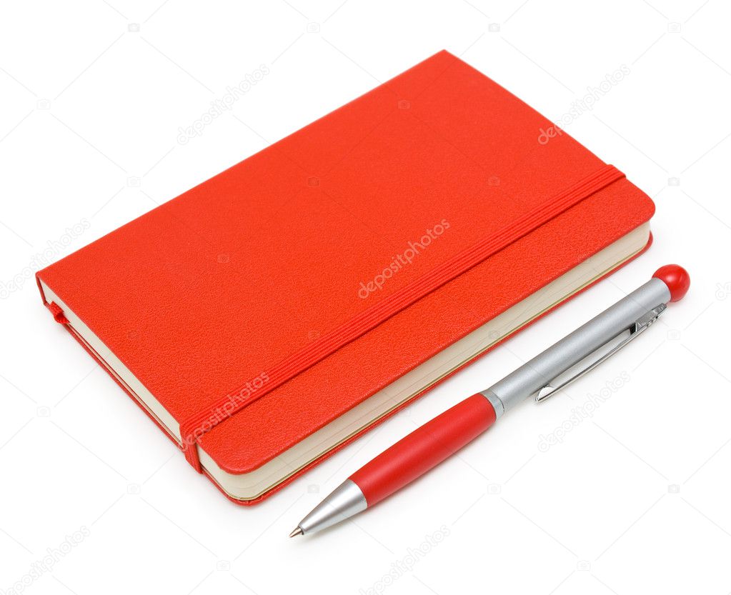 Red closed notepad and pen isolated on white