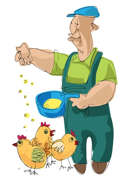 Landbouwers die kippen voeren — Stockvector