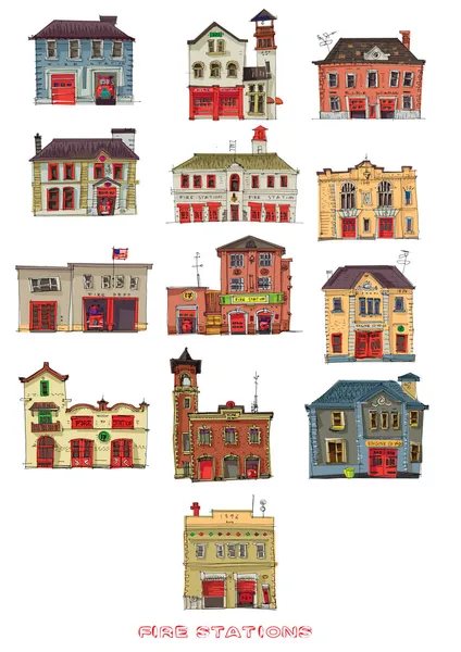 Ensemble de casernes de pompiers vintage - dessin animé — Image vectorielle