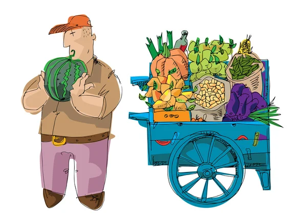 Vendedor perto do carrinho cheio de legumes e frutas — Vetor de Stock