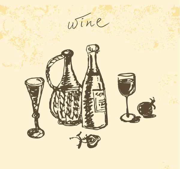 Дизайн обложки меню. Натюрморт с бутылками, стеклом и фруктами . — стоковый вектор