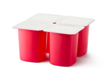 Four plastic containers for dairy products with foil lid clipart