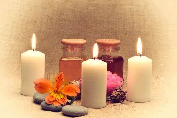 Object for the spa with candle. Retro toned — Stock Photo, Image