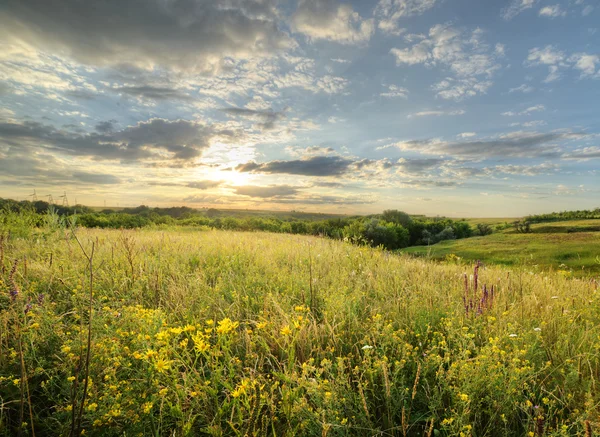 Het landschap van het veld met een spectaculaire hemel — Stockfoto