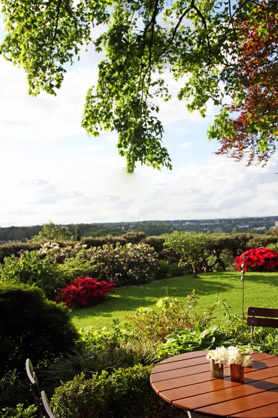 Mesa de madeira com vista para o belo jardim — Fotografia de Stock