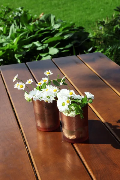 Margaridas decorativas em latas de cobre — Fotografia de Stock
