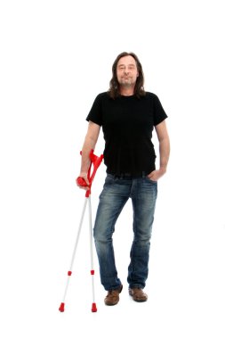 Injured middle-aged man with crutches clipart