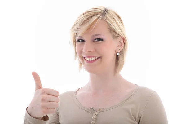 Aantrekkelijke lachende vrouw met duim omhoog — Stockfoto