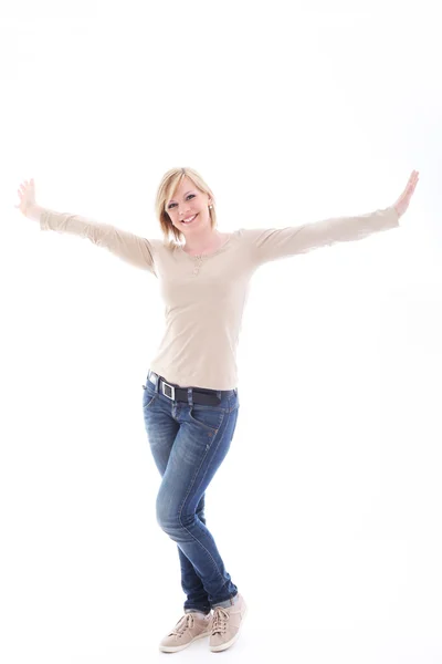 Mujer alegre con los brazos extendidos — Foto de Stock