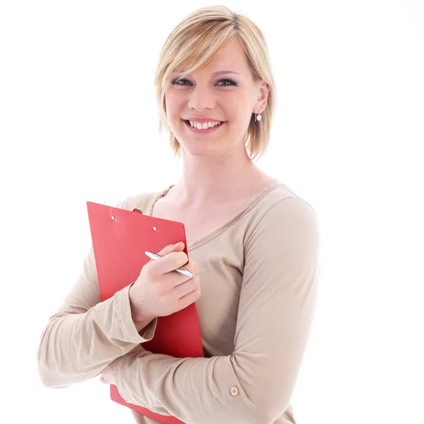 Lächelnde Sekretärin mit roter Mappe — Stockfoto