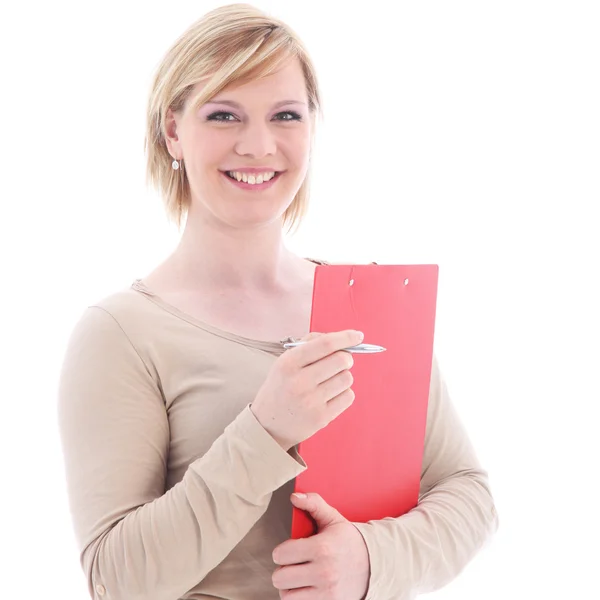 Businesswoman with folder and pen — Stock Photo, Image
