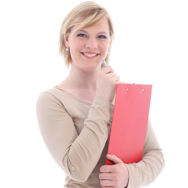 Sorridente donna bionda con cartella rossa Foto Stock