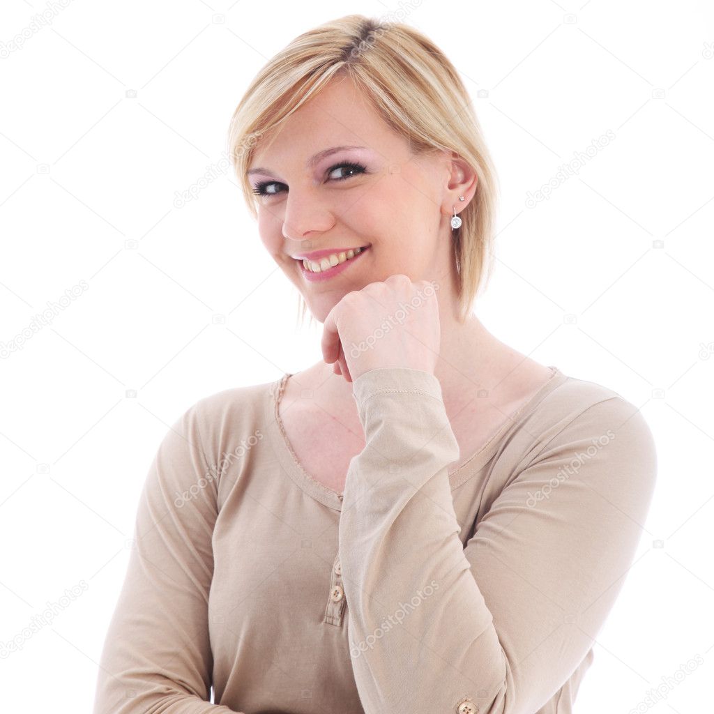 Friendly woman pointing to blank copyspace