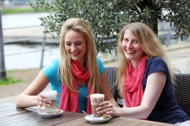 Two female friends relaxing over drinks clipart