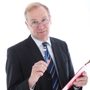 Businessman with pen emphasising a point clipart