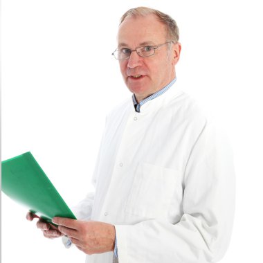 Pathologist in labcoat discussing results clipart