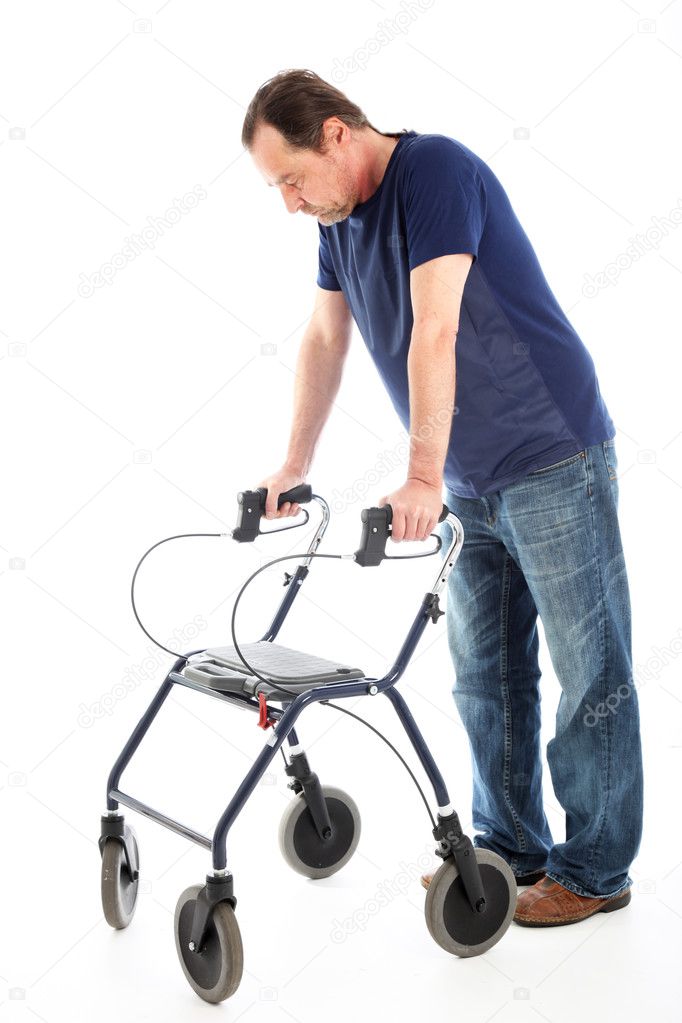 Despondent man on medical walker