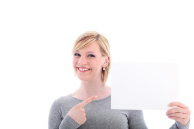 Smiling woman pointing to blank sign clipart