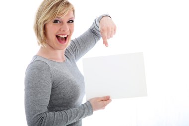 Laughing woman pointing to blank sign clipart