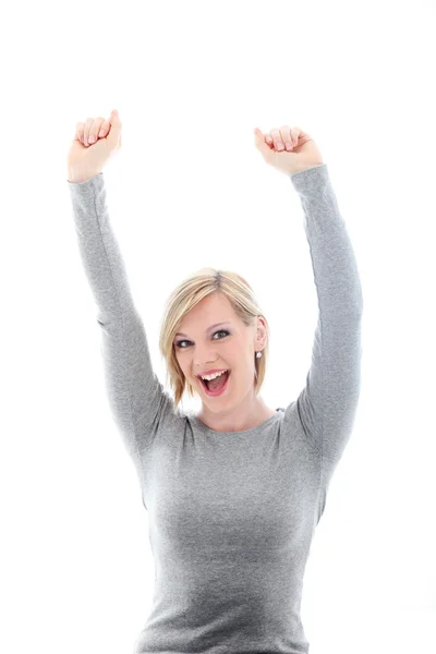 Donna che alza le braccia per festeggiare — Foto Stock