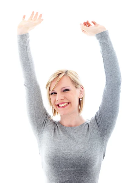 Успішна жінка, що піднімає руки в розгубленість — стокове фото