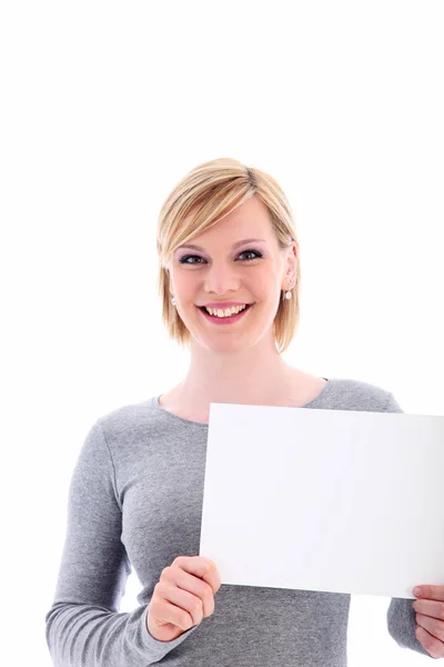 Friendly woman holding a blank sign — Stock Photo, Image