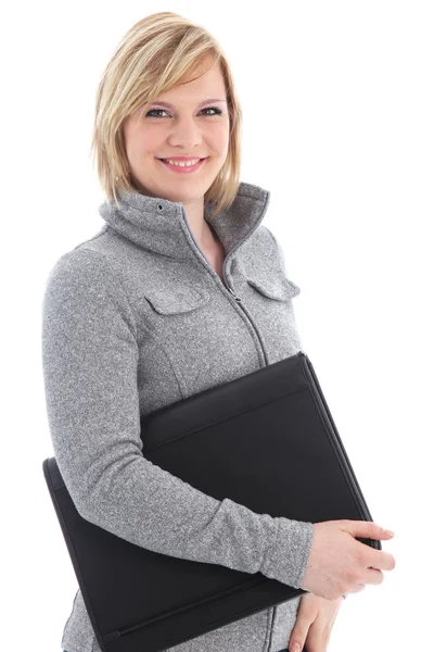 Donna d'affari sorridente con portafoglio in pelle nera — Foto Stock