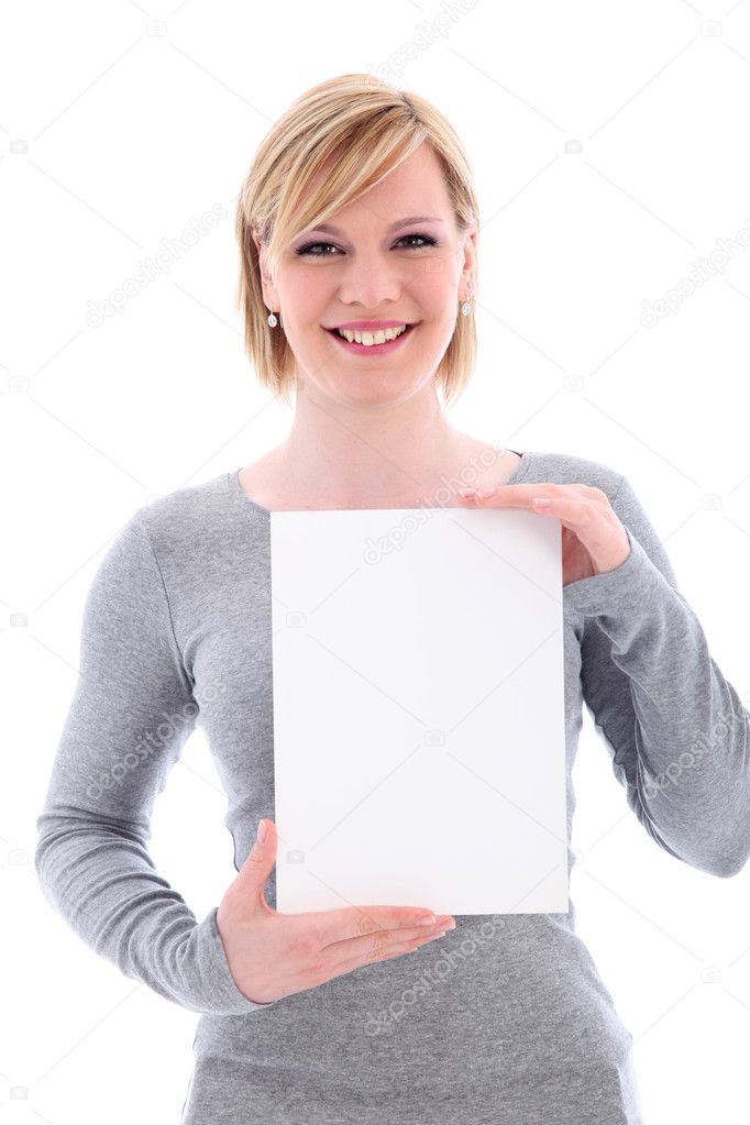 Friendly woman holding vertical blank sign