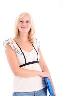 Smiling casual woman with blue folder clipart