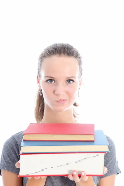 Frågande student bär läroböcker — Stockfoto