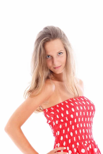 Beautiful young woman in red dress — Stock Photo, Image