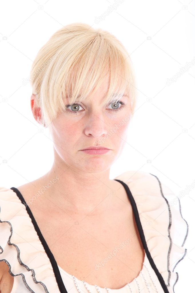 Sad blonde woman with blue eyes