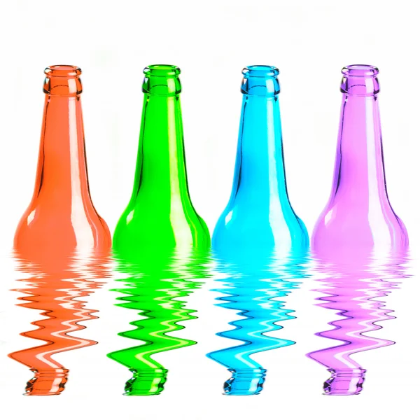 Набор красных, зеленых, синих и розовых бутылок пива. изолированные на белом — стоковое фото