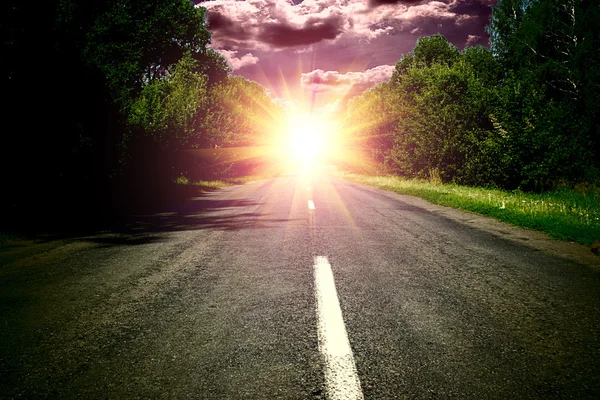 Madeira verde e estrada sobre céu azul wis por do sol — Fotografia de Stock